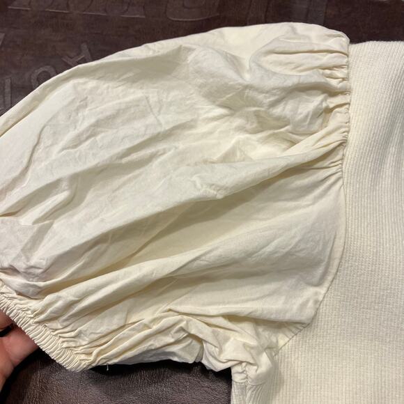 &Merci Cream Puff Sleeve Top M Henley Rib Knit Stretch Romantic Cottagecore - Picture 4 of 13